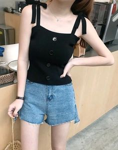 Women Black  Solid Lace Up Button Tank Top
