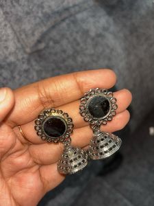 Elegant Oxidised Silver Jhumka Earrings with Mirro