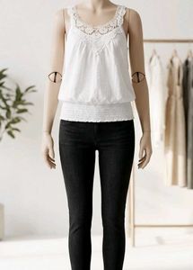 White Crochet Neck Tank Top