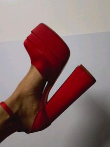 Red Satin Platform Block Heels