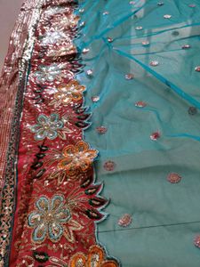 Heavy Designer Tomato Red &amp; Blue Saree With Blouse
