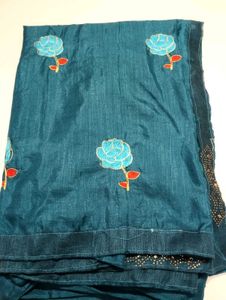 Teal Embroidered Silk Saree