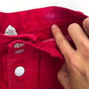Red High-Waisted Button Fly Shorts