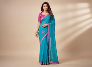 Blue & Pink Embroidered Sari