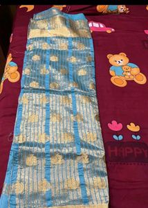 Blue Saree with Gold Border &amp; Blouse