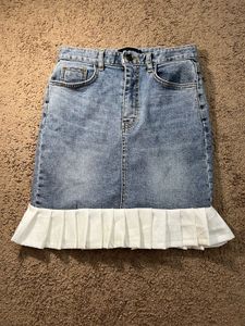 Denim Skirt with Pleated Hem