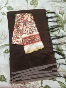 Dark Brown Saree with Floral Blouse Piece