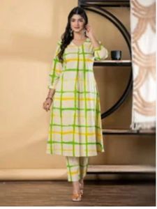 Comfortable Beige & Green Checked Kurta