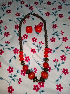 Chunky Red Beaded Necklace &amp; Earrings Set