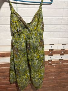 boho green mini dress with gold ascents