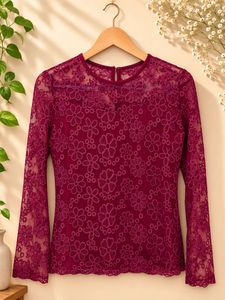Maroon Embroidered Net Top