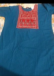Blue Kurta set  with Red Embroidered Neck