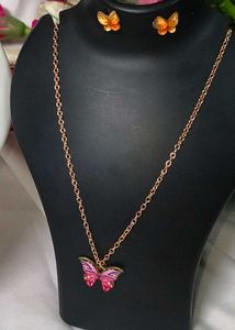 Cute Metal Pink Butterfly Necklace &amp; Earrings Set
