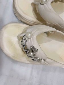 White Flip Flops with Pearl &amp; Chain Detail