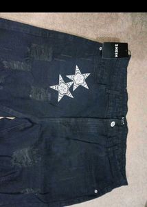 Black Distressed Jeans with Star Print