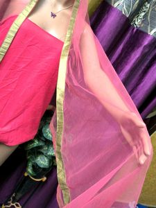 Pink Dupatta Stoal with Golden Border