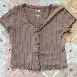 SO "Ribbed Button-Up Ruffle Crop Top"