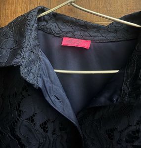 Elegant Navy Lace Button-Up Shirt