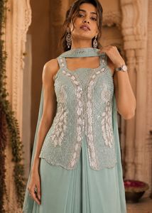 Elegant Teal Embellished Cape Gown