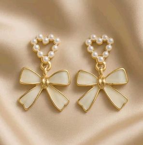 Cute Bow Pearl Heart Earrings