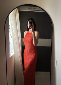 Orange Crochet Bodycon Maxi Dress | Halter Neck |