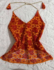 Orange Floral lacy Halter Neck backless top