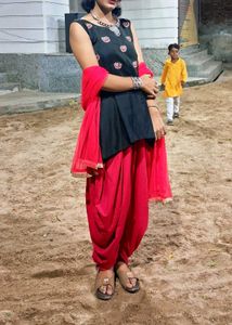 Beautiful Black & Red Dhoti Kurta Set with Net Dup