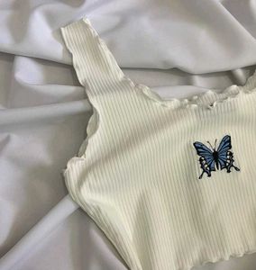 Shein Ofwhite Butterfly Embroidered Tank Top