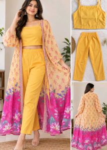 Yellow Kurta Set with Floral Print Shrug