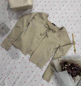 Set combo beige Long Sleeve Tie and Neck Top