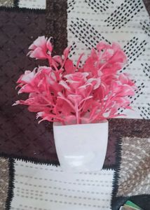 Artificial Pink Rose Plant in White Pot