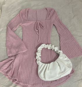 Ribbed Pink Flare Sleeve Dress