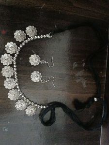 Oxidized Silver Floral Choker Set
