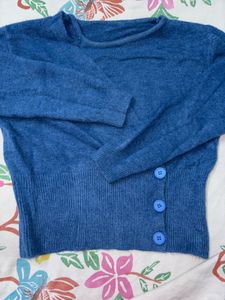 Blue Knit Sweater with Button Detail