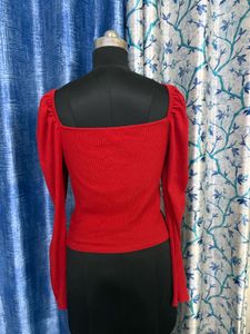 Red Puff Sleeve Ribbed Top