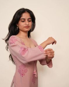 Pink Block Print Tie-Neck Kurta