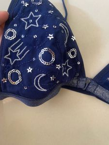 Navy Blue Star &amp; Moon Print Bra