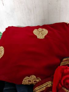 Red saree nd Blouse with Gold Embroidery