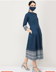 Biba Women Ethnic Teal Color Dress with Mask