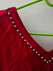 Red Kurta with Pearl Detail