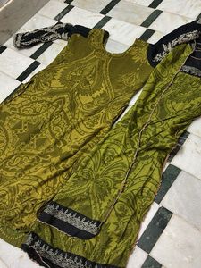 Olive Green Embroidered Kurta  with Dupatta