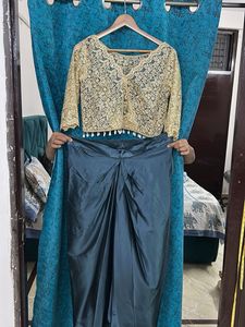 Designer Gold Lace Blouse with Teal Skirt