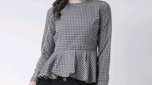 Pinwheel- Grey Checked Peplum Top, S-SIZE