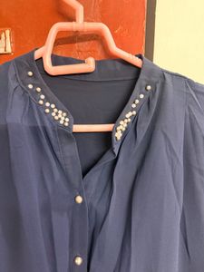 Elegant Blue Pearl Embellished Top