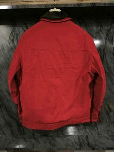 Vintage Men's Red Casual Jacket with Fur Collar