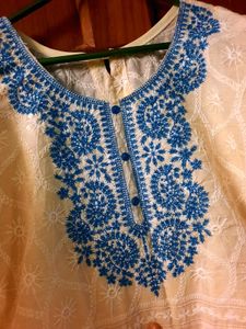 Embroidered Cream Kurta with Blue Neck Design