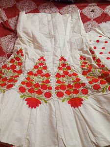 Cream Lehenga with Red Floral Embroidery