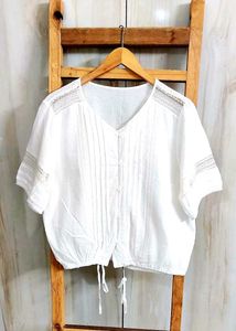 White Lace Trim V-Neck Blouse Size-38