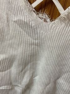 White Ribbed Crop Top with Lace Detail