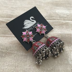 Beautiful Pink & Red Jhumka Earrings